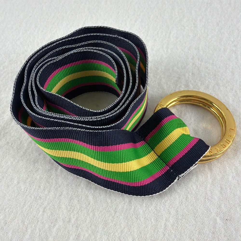 Lauren Ralph Lauren Striped Webbed Ribbon Belt Gold Double O-Ring Navy‎ Green L